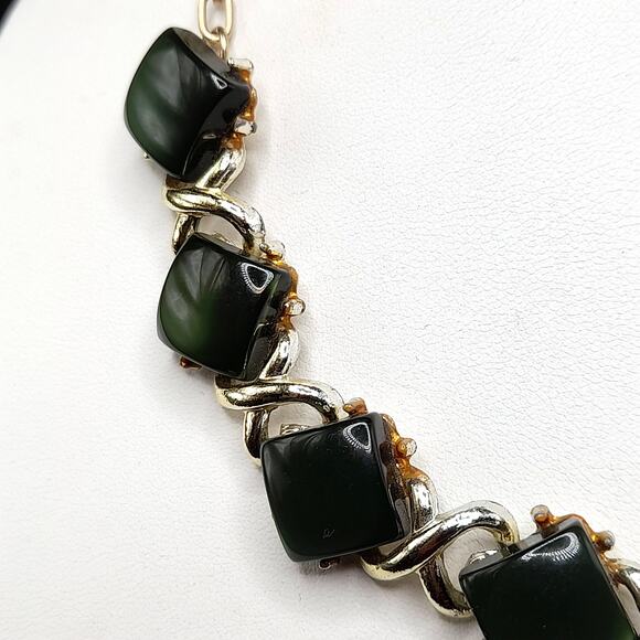 Vintage Dark Green Moonglow Choker Necklace, Gold Tone, 1950s Jewelry - Picture 9 of 11